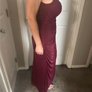 Azazie Red Ribbed Halter Maxi Gown